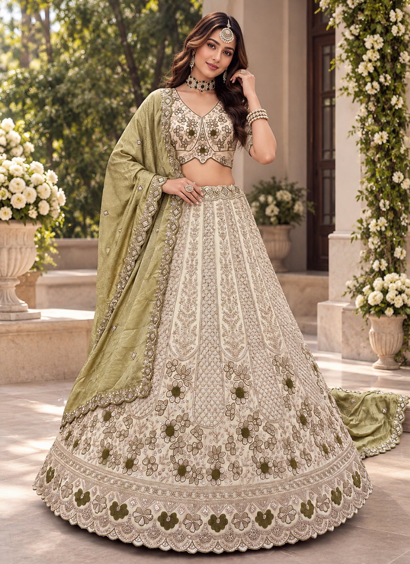 Light Cream Color Thread,Sequins And Beads Work Silk_Blend Lehenga Choli