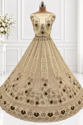 Light Cream Color Thread,Sequins And Beads Work Silk_Blend Lehenga Choli