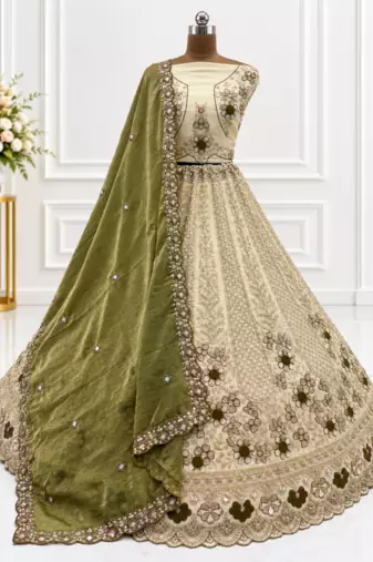 Light Cream Color Thread,Sequins And Beads Work Silk_Blend Lehenga Choli