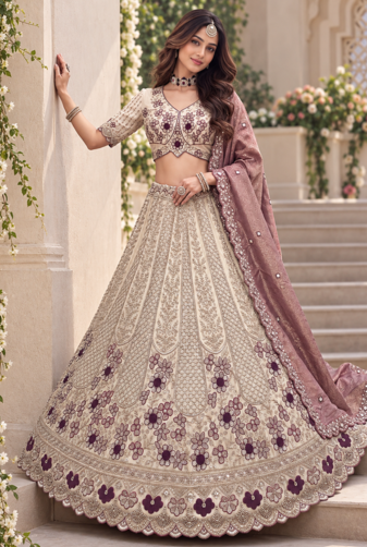 Light Cream Color Thread,Sequins And Beads Work Silk_Blend Lehenga Choli