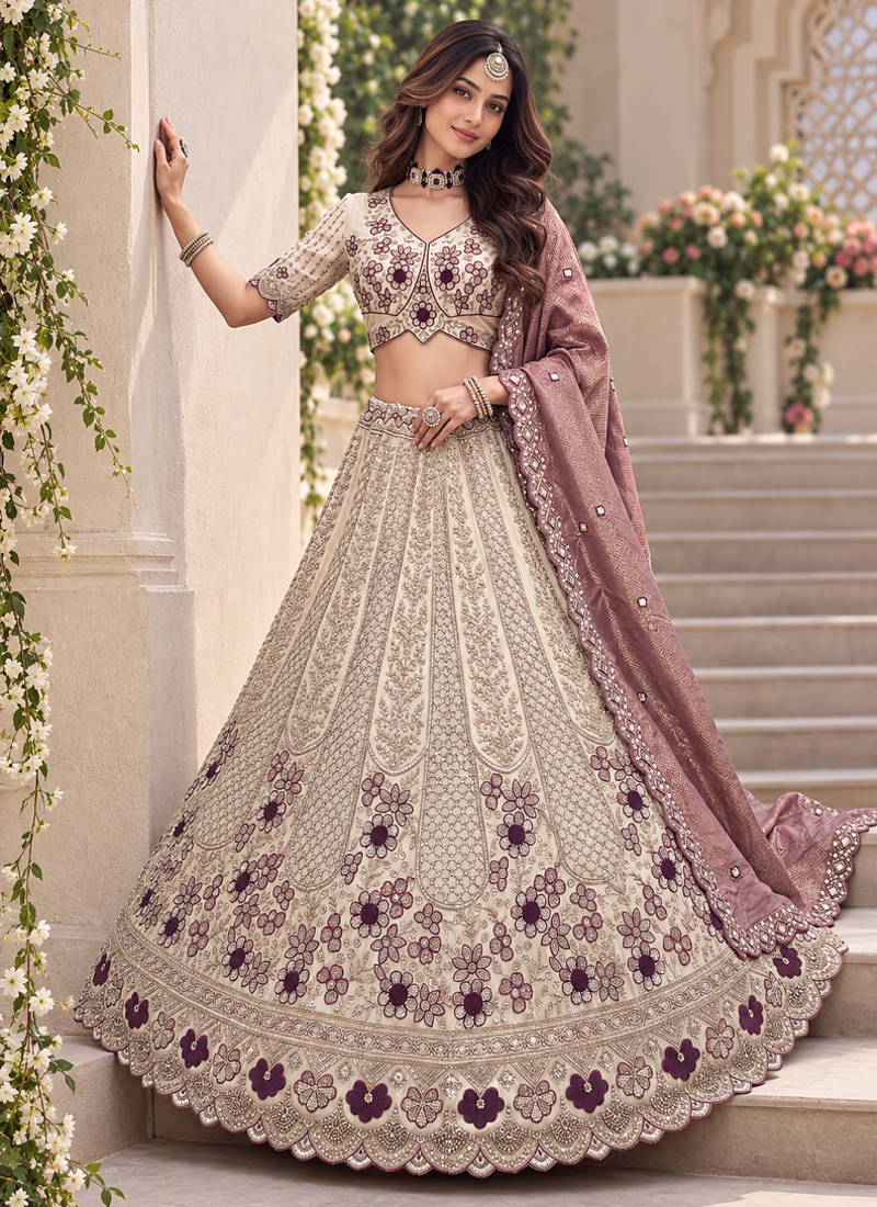 Light Cream Color Thread,Sequins And Beads Work Silk_Blend Lehenga Choli