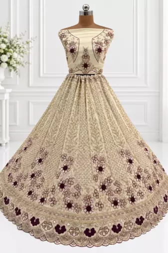 Light Cream Color Thread,Sequins And Beads Work Silk_Blend Lehenga Choli