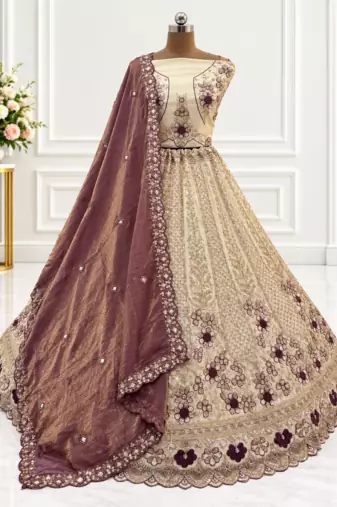 Light Cream Color Thread,Sequins And Beads Work Silk_Blend Lehenga Choli