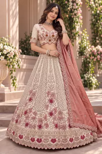 Light Cream Color Thread,Sequins And Beads Work Silk_Blend Lehenga Choli
