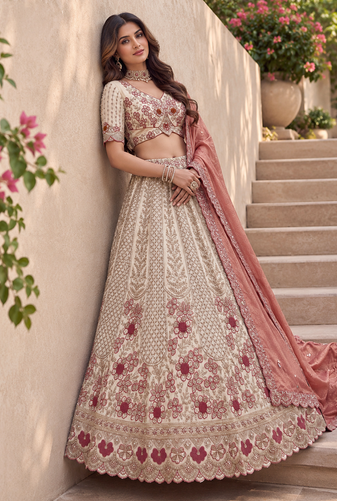 Light Cream Color Thread,Sequins And Beads Work Silk_Blend Lehenga Choli