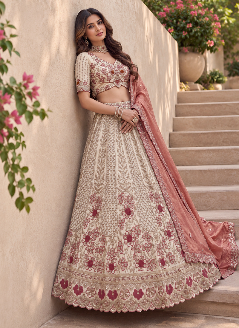 Light Cream Color Thread,Sequins And Beads Work Silk_Blend Lehenga Choli