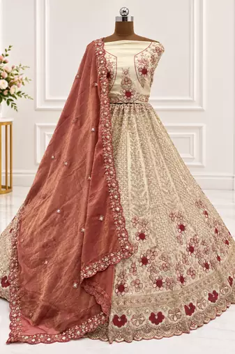 Light Cream Color Thread,Sequins And Beads Work Silk_Blend Lehenga Choli