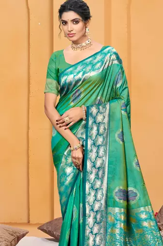emerald green color beautiful soft silk blend woven designer partywear ethnic saree