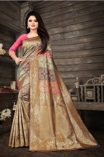 Gold pink silk blend jacuard work festival saree with unstitched blouse piece
