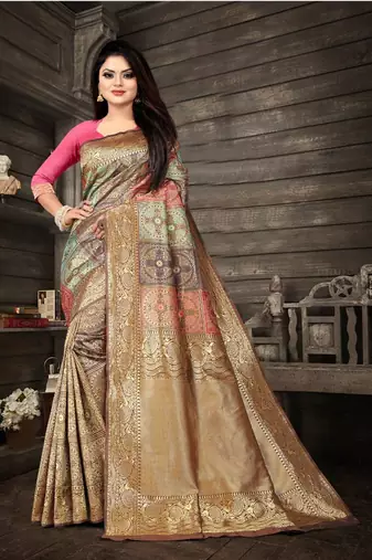 Gold pink silk blend jacuard work festival saree with unstitched blouse piece
