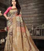 Gold pink silk blend jacuard work festival saree with unstitched blouse piece