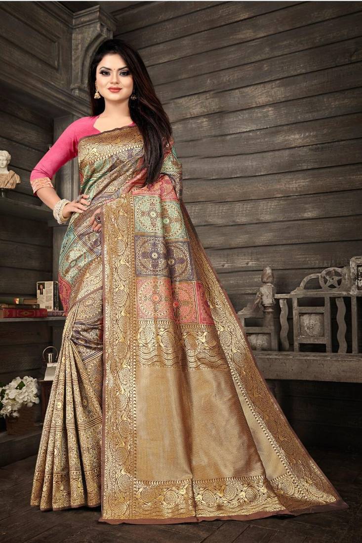 Gold pink silk blend jacuard work festival saree with unstitched blouse piece