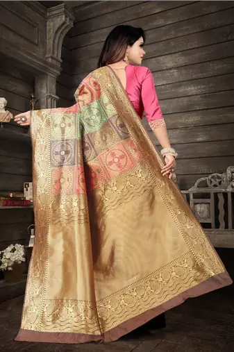 Gold pink silk blend jacuard work festival saree with unstitched blouse piece