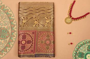 Gold pink silk blend jacuard work festival saree with unstitched blouse piece 4