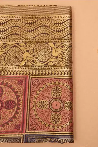 Gold pink silk blend jacuard work festival saree with unstitched blouse piece