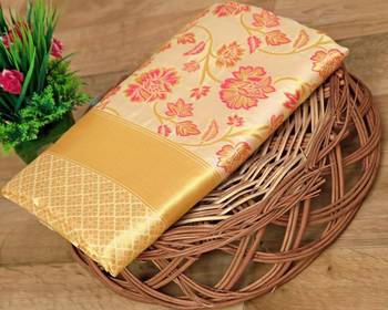 Light yellow silk blend jacuard work festival saree with unstitched blouse piece 1
