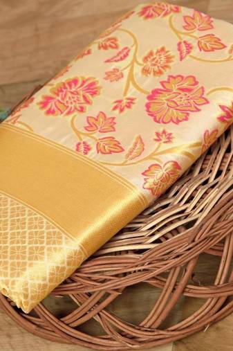 Light yellow silk blend jacuard work festival saree with unstitched blouse piece