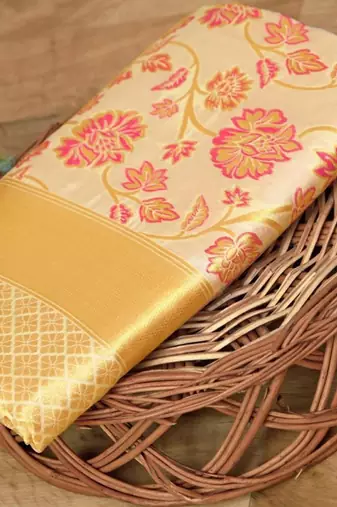 Light yellow silk blend jacuard work festival saree with unstitched blouse piece