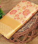 Light yellow silk blend jacuard work festival saree with unstitched blouse piece
