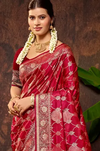smart and ethnic crimson color silk blend fabric woven designer ethnic rich looks saree