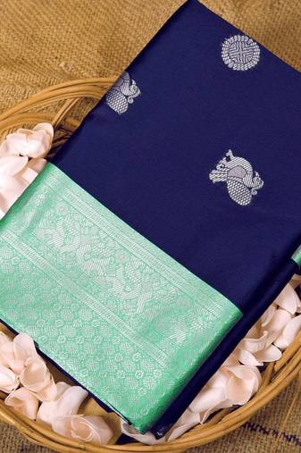 Blue turquoise  silk blend jacuard work festival saree with unstitched blouse piece