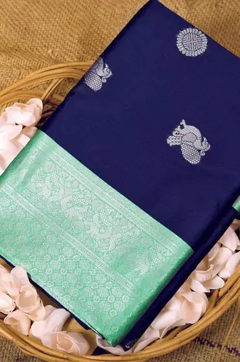 Blue turquoise  silk blend jacuard work festival saree with unstitched blouse piece