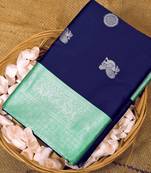 Blue turquoise  silk blend jacuard work festival saree with unstitched blouse piece
