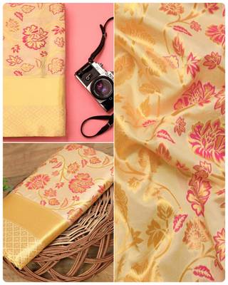 Light yellow silk blend jacuard work festival saree with unstitched blouse piece 3