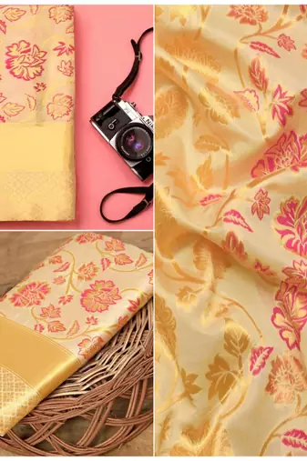 Light yellow silk blend jacuard work festival saree with unstitched blouse piece