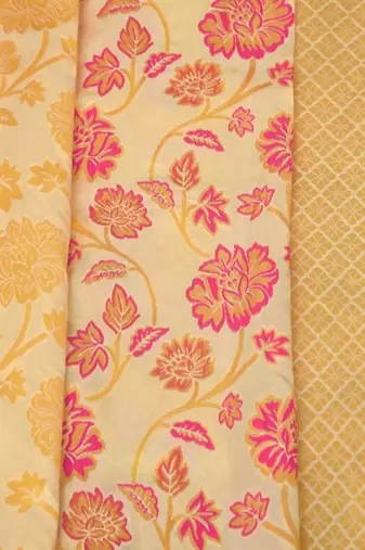 Light yellow silk blend jacuard work festival saree with unstitched blouse piece