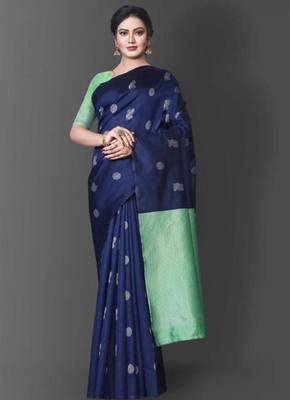 Blue turquoise silk blend jacuard work festival saree with unstitched blouse piece 1