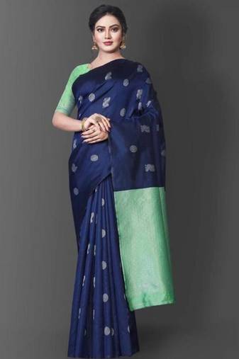 Blue turquoise silk blend jacuard work festival saree with unstitched blouse piece