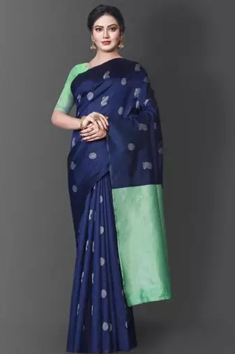 Blue turquoise silk blend jacuard work festival saree with unstitched blouse piece