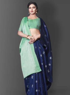 Blue turquoise silk blend jacuard work festival saree with unstitched blouse piece 2