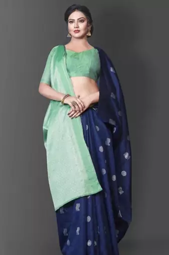 Blue turquoise silk blend jacuard work festival saree with unstitched blouse piece