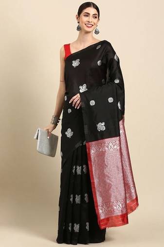Black red silk blend jacuard work festival saree with unstitched blouse piece