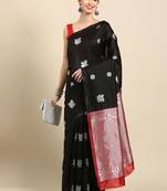 Black red silk blend jacuard work festival saree with unstitched blouse piece