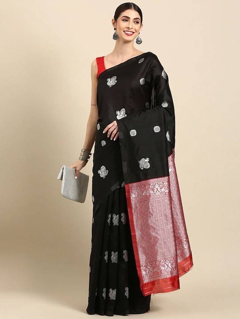Black red silk blend jacuard work festival saree with unstitched blouse piece