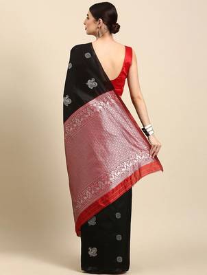 Black red silk blend jacuard work festival saree with unstitched blouse piece 2