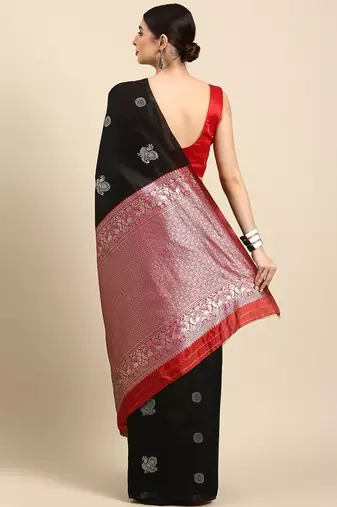 Black red silk blend jacuard work festival saree with unstitched blouse piece