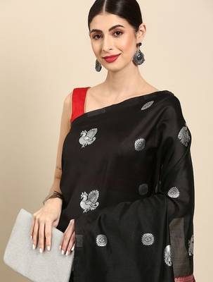 Black red silk blend jacuard work festival saree with unstitched blouse piece 3