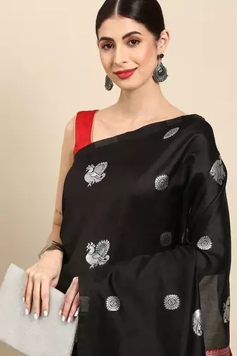 Black red silk blend jacuard work festival saree with unstitched blouse piece