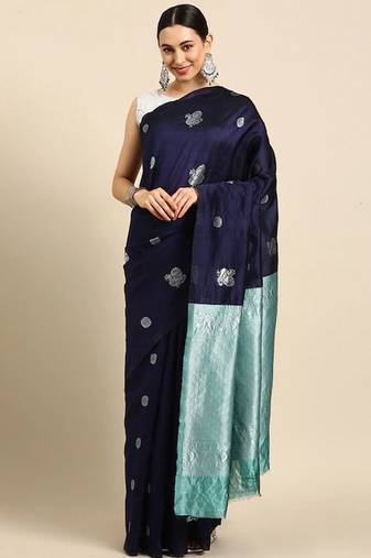 Blue turquoise silk blend jacuard work festival saree with unstitched blouse piece