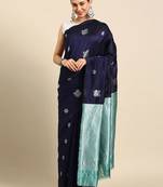 Blue turquoise silk blend jacuard work festival saree with unstitched blouse piece
