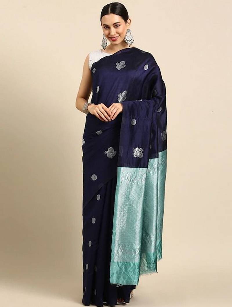 Blue turquoise silk blend jacuard work festival saree with unstitched blouse piece