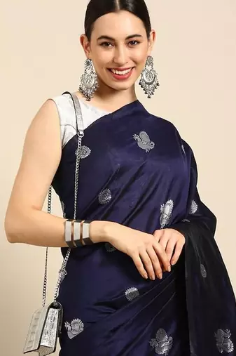 Blue turquoise silk blend jacuard work festival saree with unstitched blouse piece