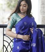 Blue turquoise silk blend jacuard work festival saree with unstitched blouse piece