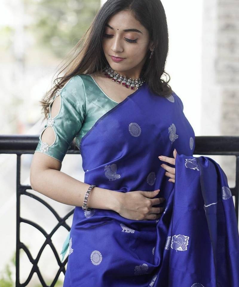 Blue turquoise silk blend jacuard work festival saree with unstitched blouse piece