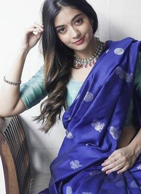 Blue turquoise silk blend jacuard work festival saree with unstitched blouse piece 2