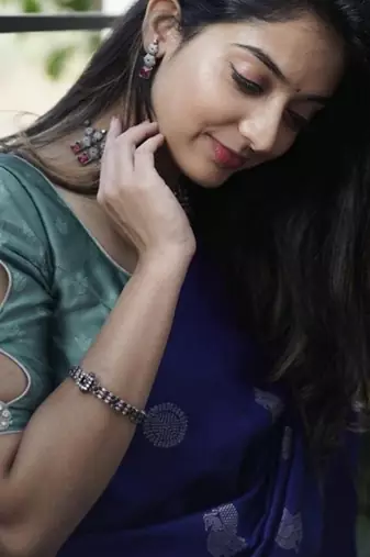 Blue turquoise silk blend jacuard work festival saree with unstitched blouse piece